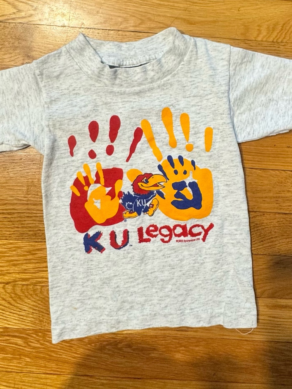Vintage KU Legacy Gray Kids T-Shirt with Colorful Handprint Graphic Size 2-4